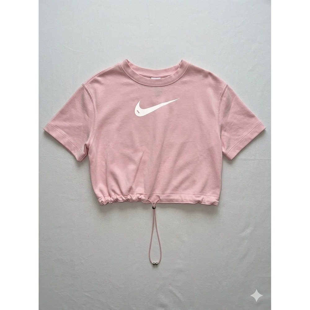 Nike Women Pink Short Sleeve Cropped Sweatshirt Bungee Hem Swoosh Small